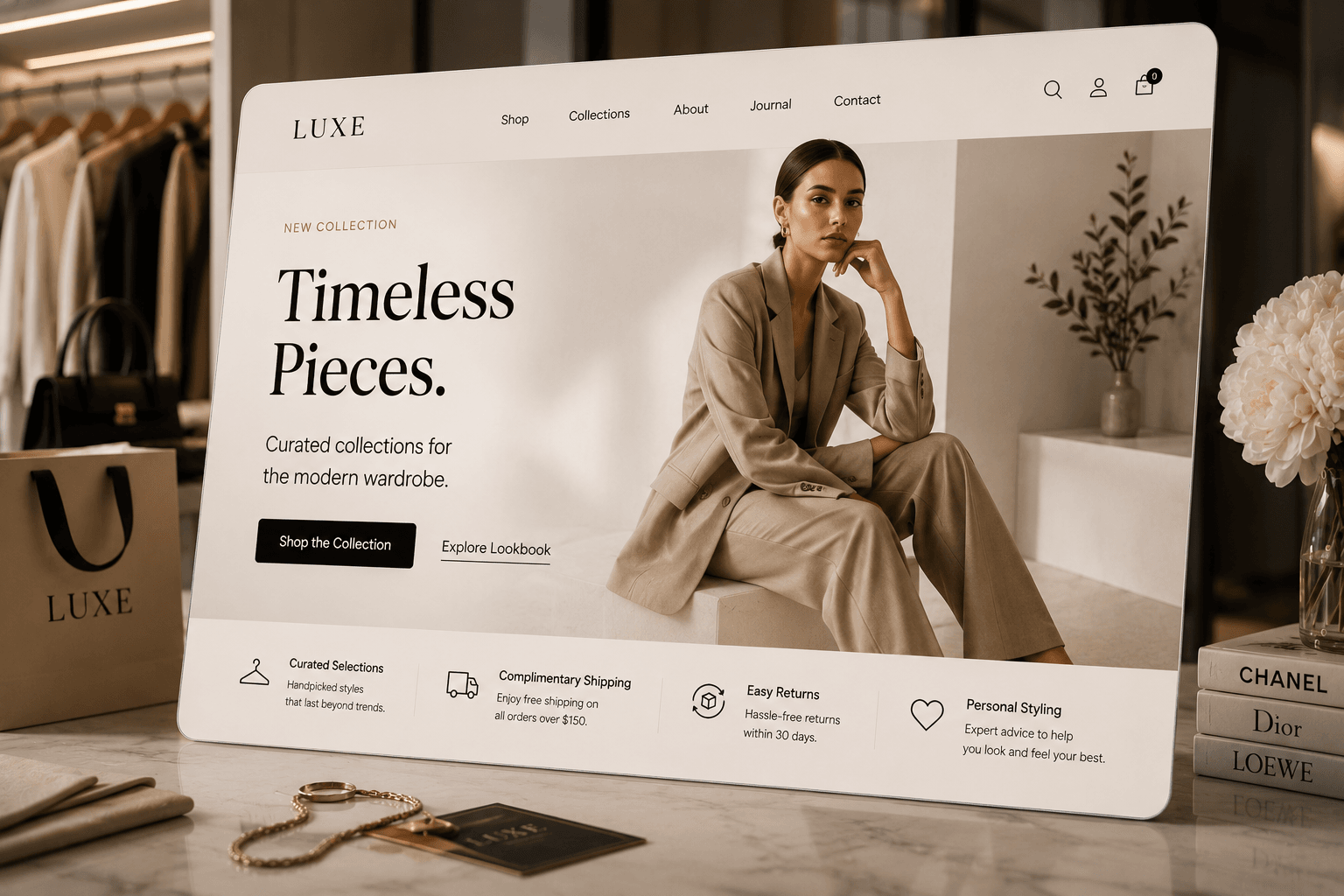 A fashion website design headed “Timeless Pieces”, shown on a screen in a pale boutique interior.
