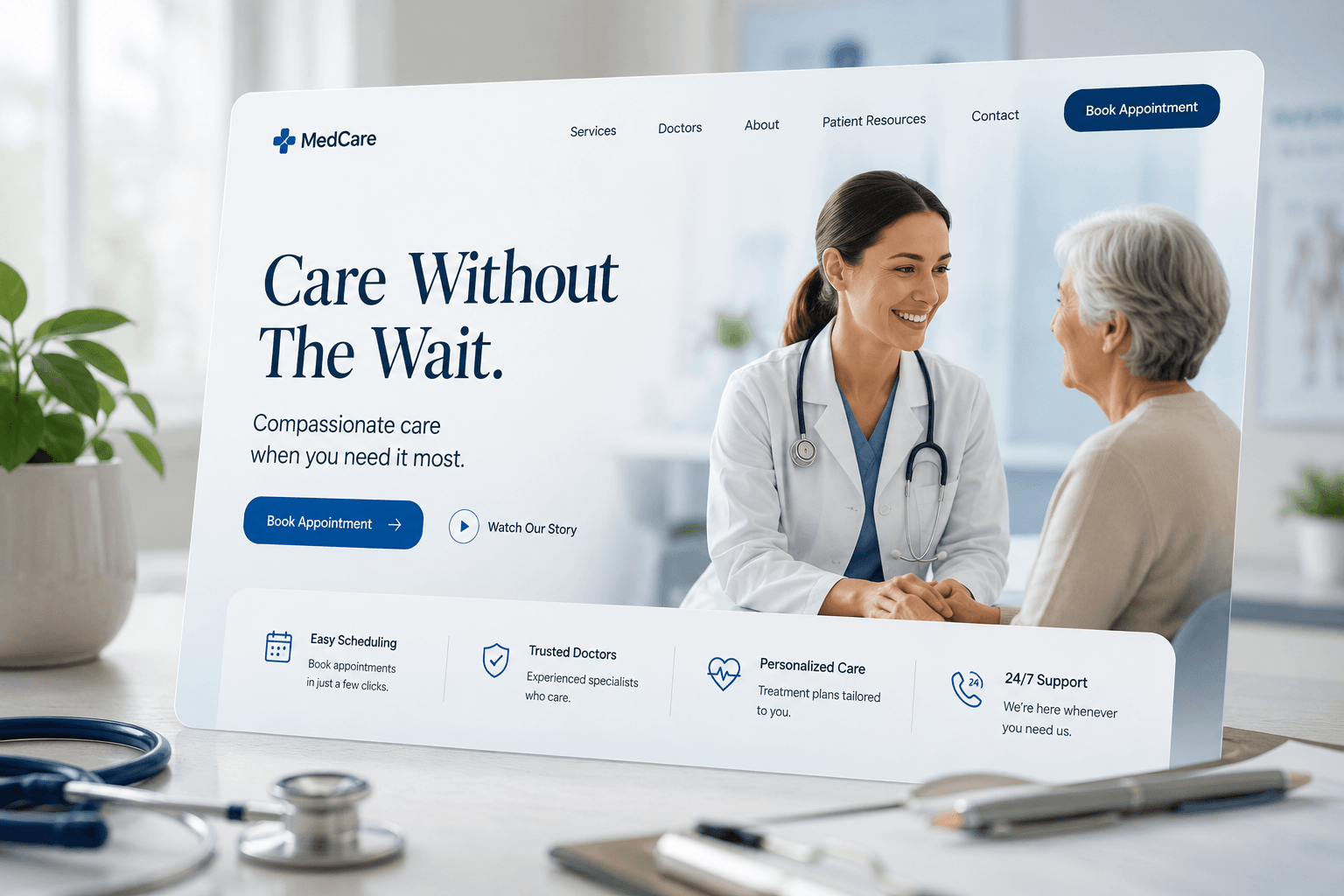 A clinic website design headed “Care Without The Wait”, shown on a screen in a bright consulting room.