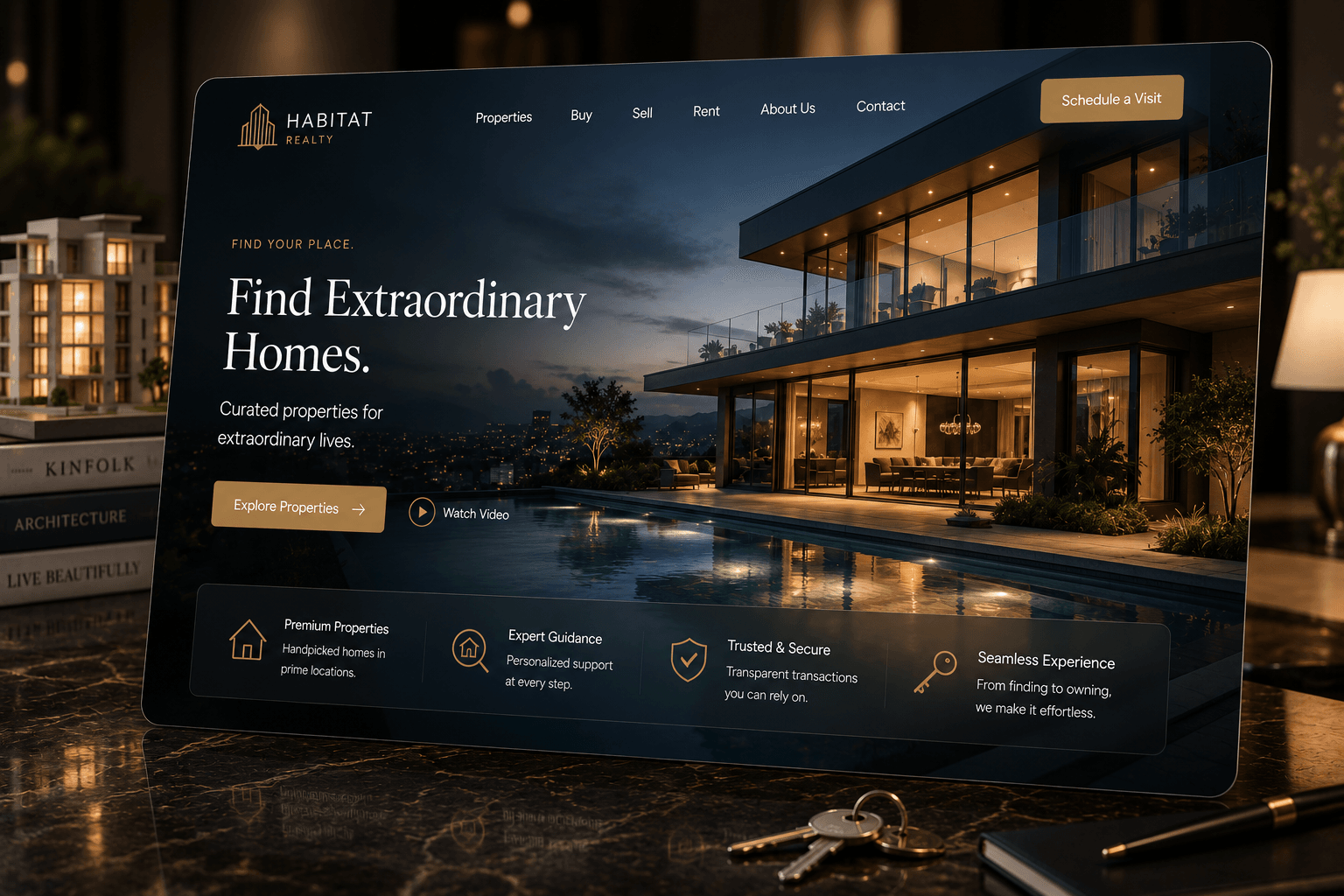 An estate agency website design headed “Find Extraordinary Homes”, shown on a screen on a dark marble desk.