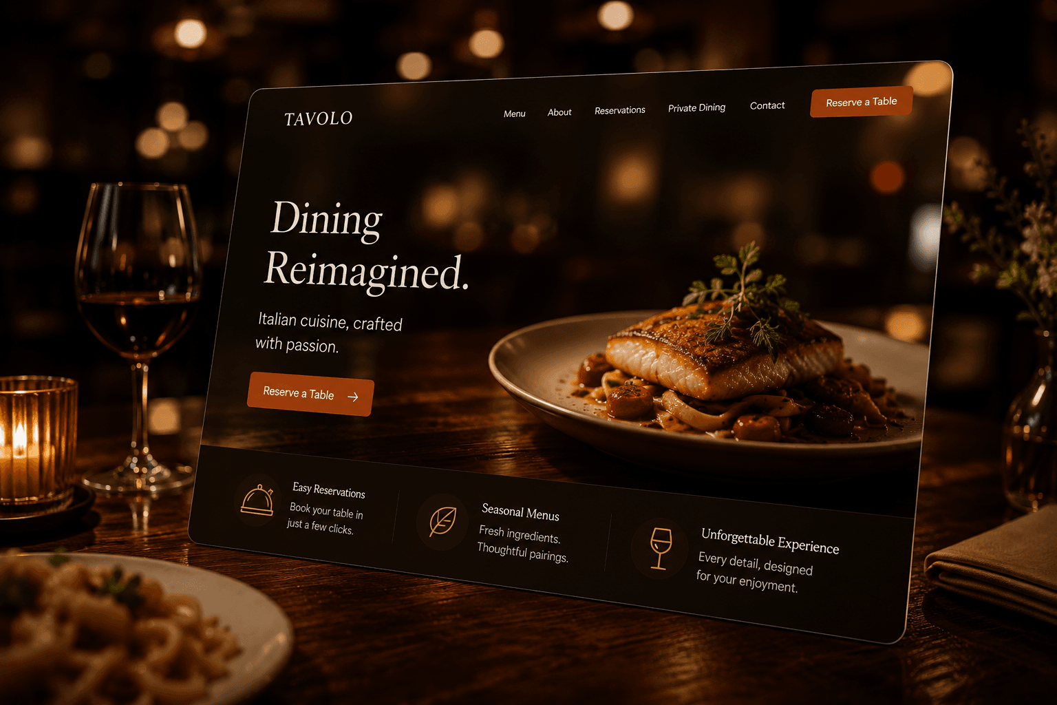 A restaurant website design headed “Dining Reimagined”, shown on a screen on a candlelit table.