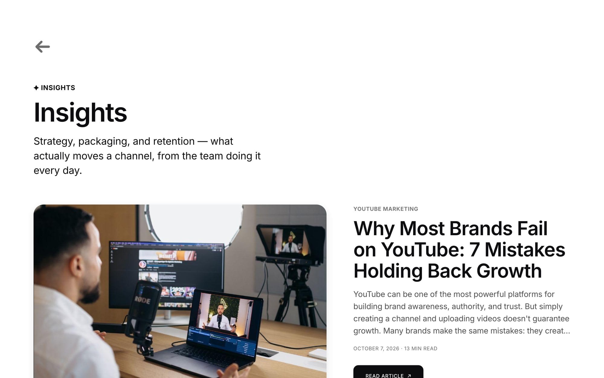 The Born21 Insights page, headed “Insights”, featuring the article “Why Most Brands Fail on YouTube: 7 Mistakes Holding Back Growth”, dated October 7, 2026.