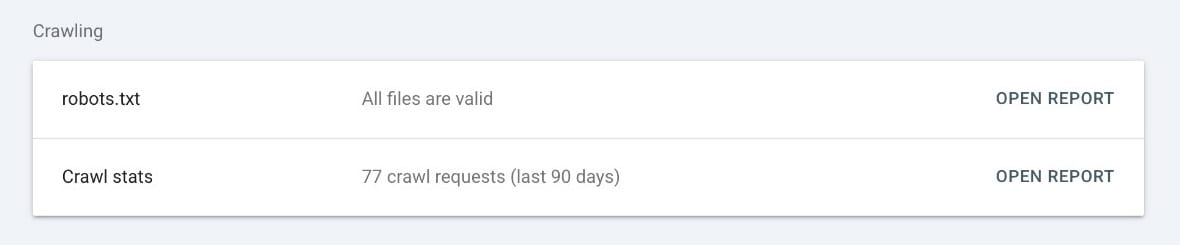 Google Search Console settings, Crawling section: robots.txt — All files are valid; Crawl stats — 77 crawl requests (last 90 days).